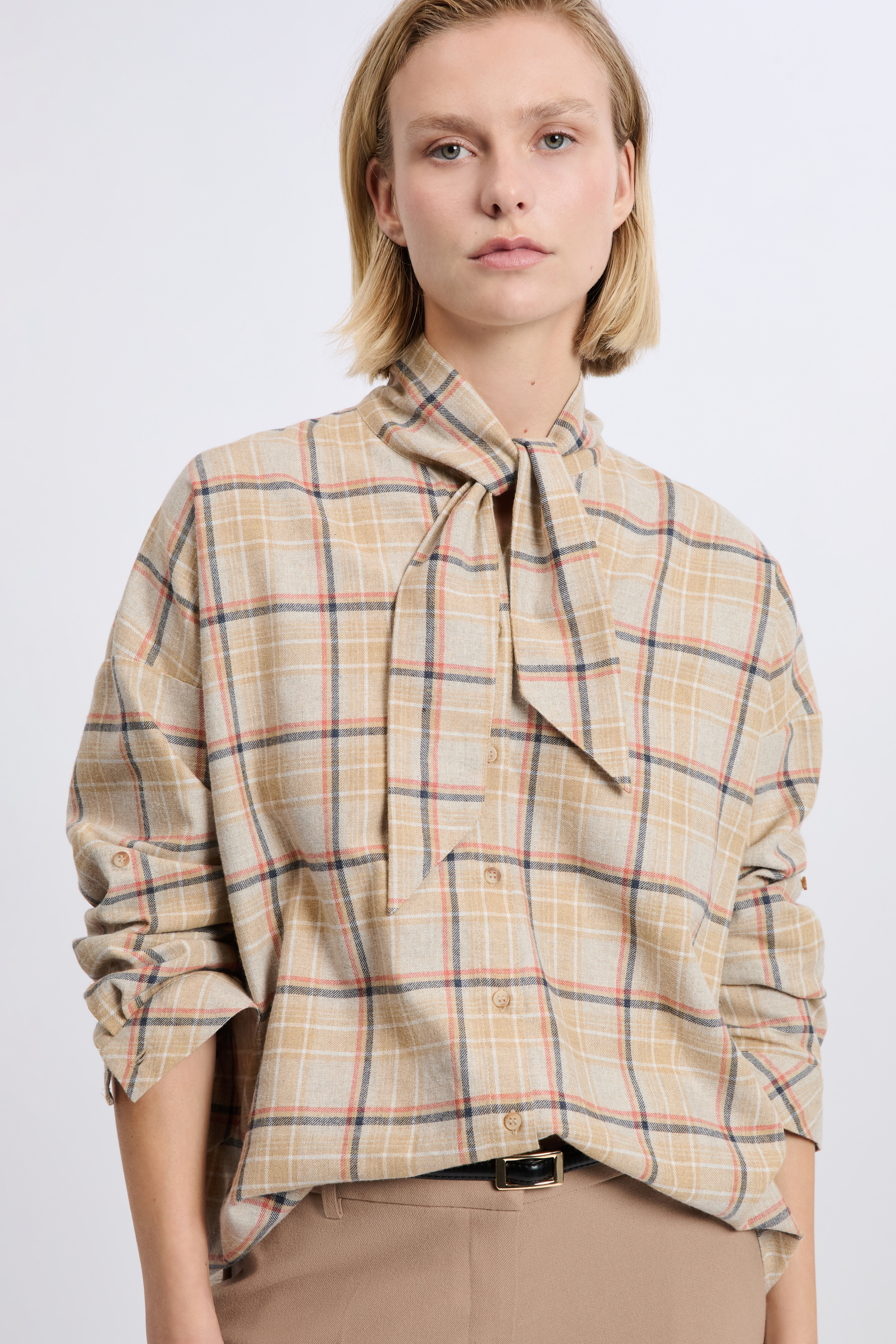 Shirt with tie detail with cotton - A TARTAN CRX - BEIGE - ETAM