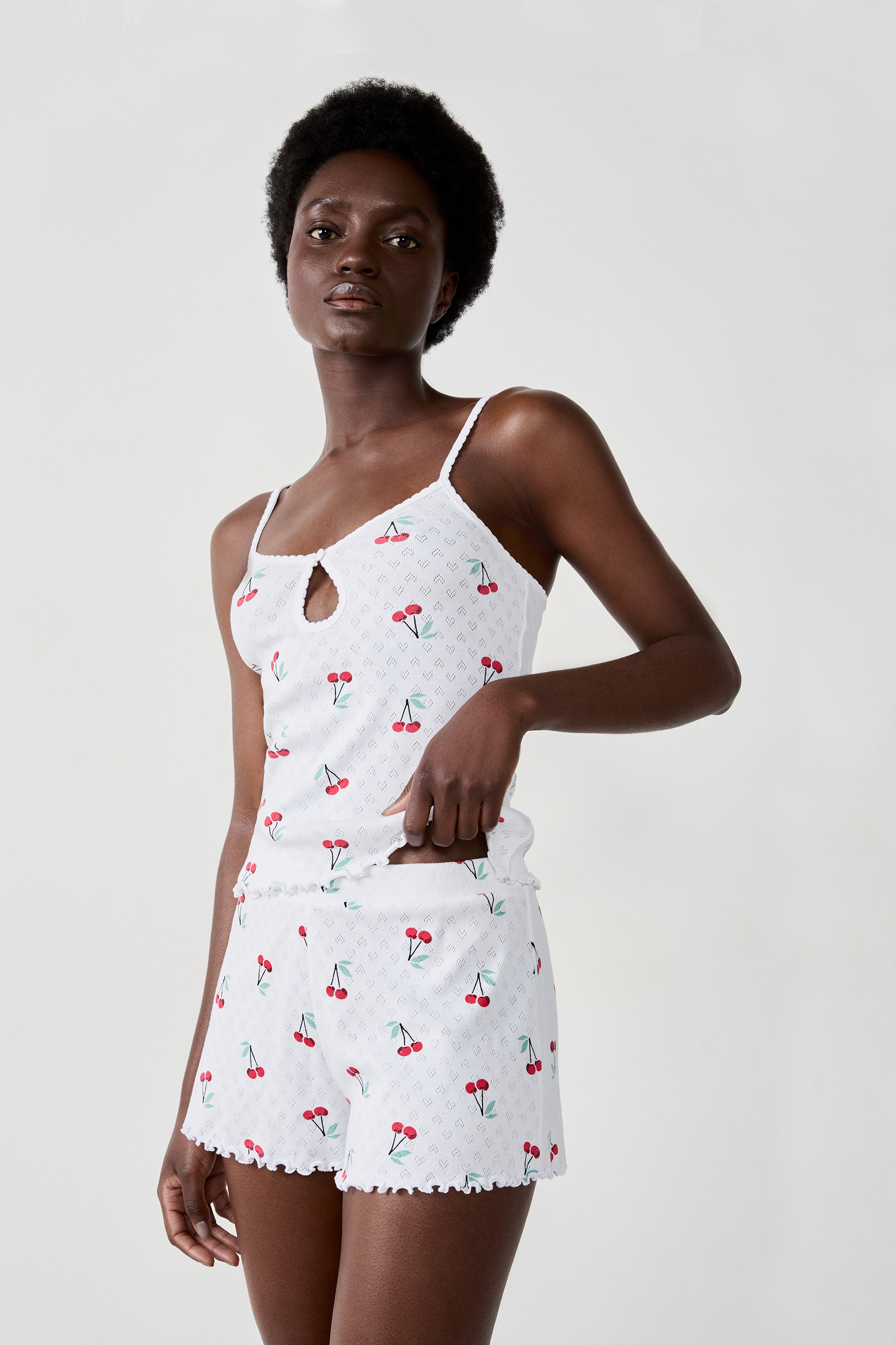 Cherry-Print Pointelle Cotton Tank Top - CHERRY - BLANC - ETAM