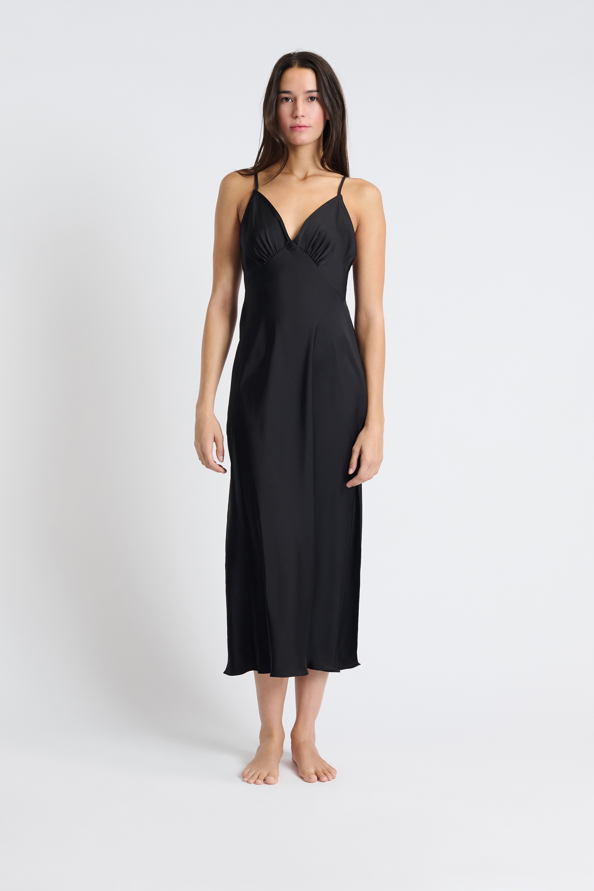 black strapless dress with white trim Petite Plume Silk Cosette Lace-Trim Nightgown - Black main image 0