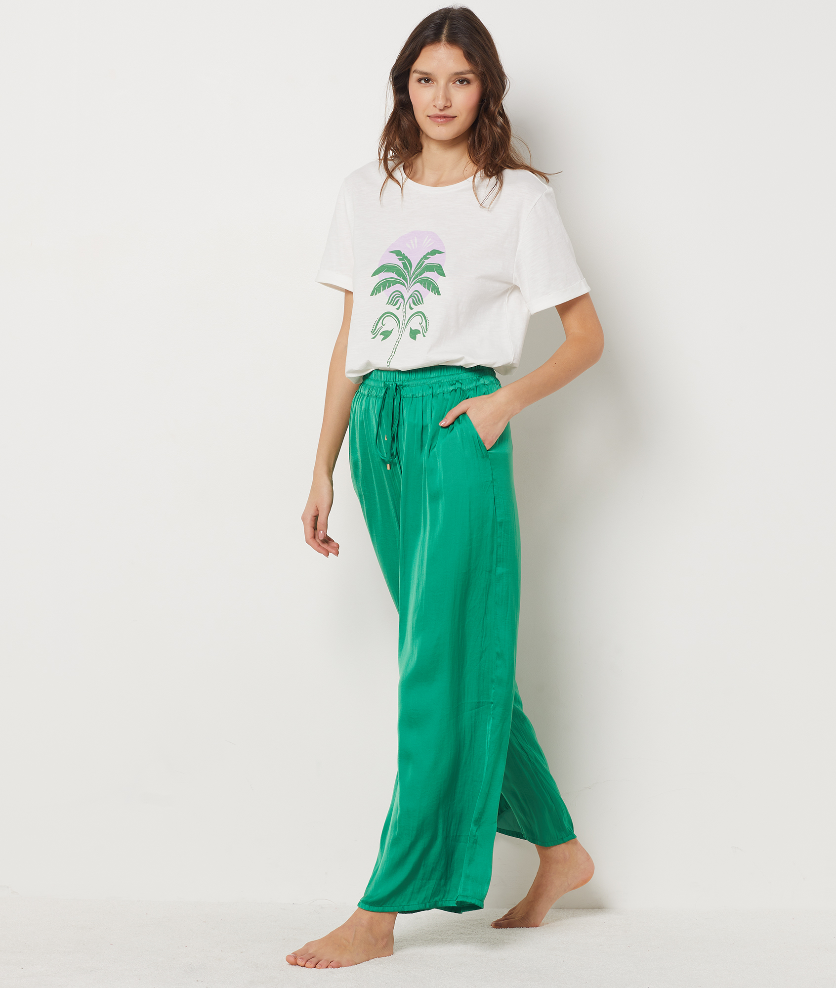 Wide Cut Satin Pants - CHEETA - VERT SAPIN - ETAM