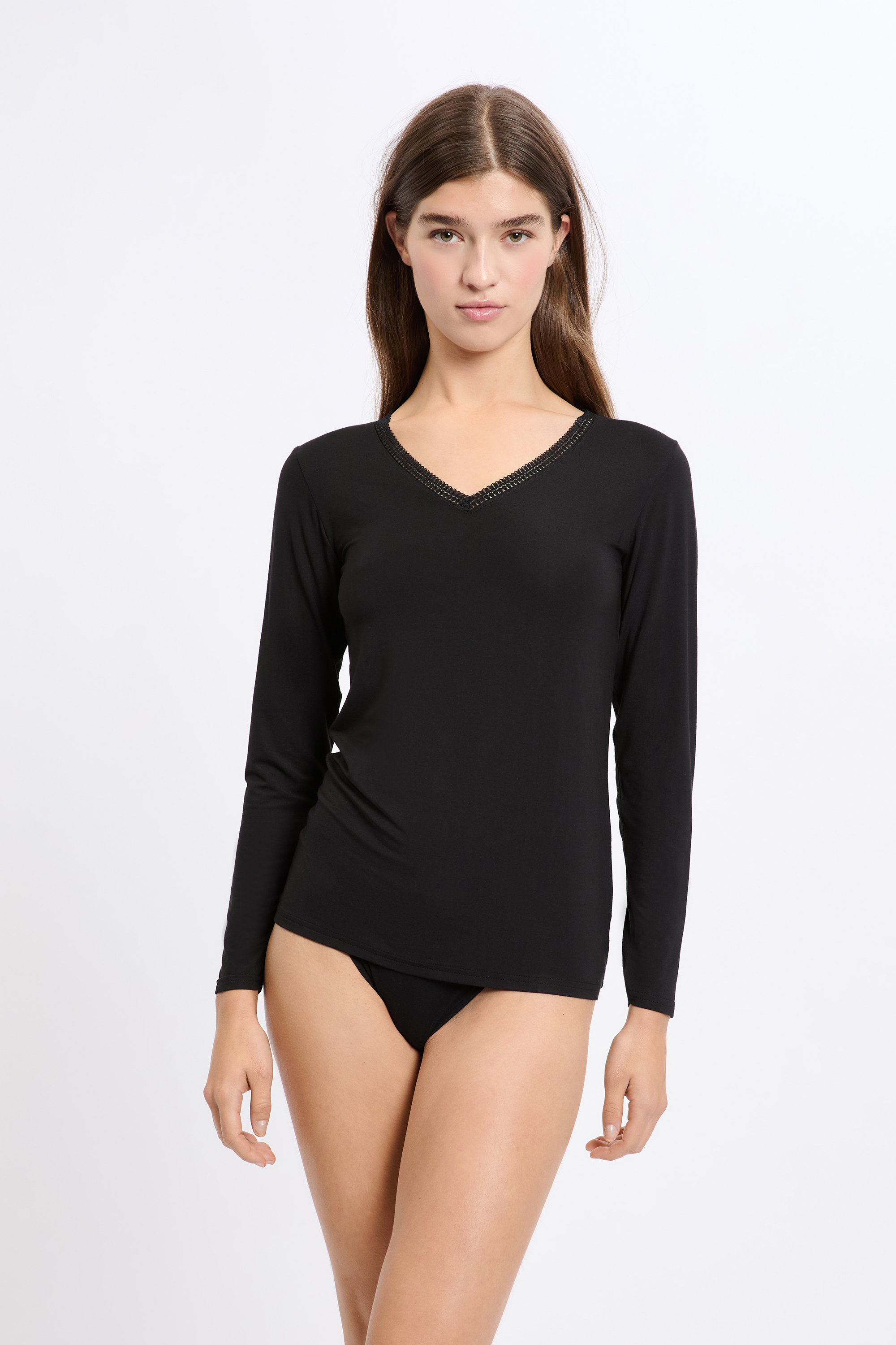 V-neck thermal knit T-shirt - WARME UP LACE - NOIR - ETAM