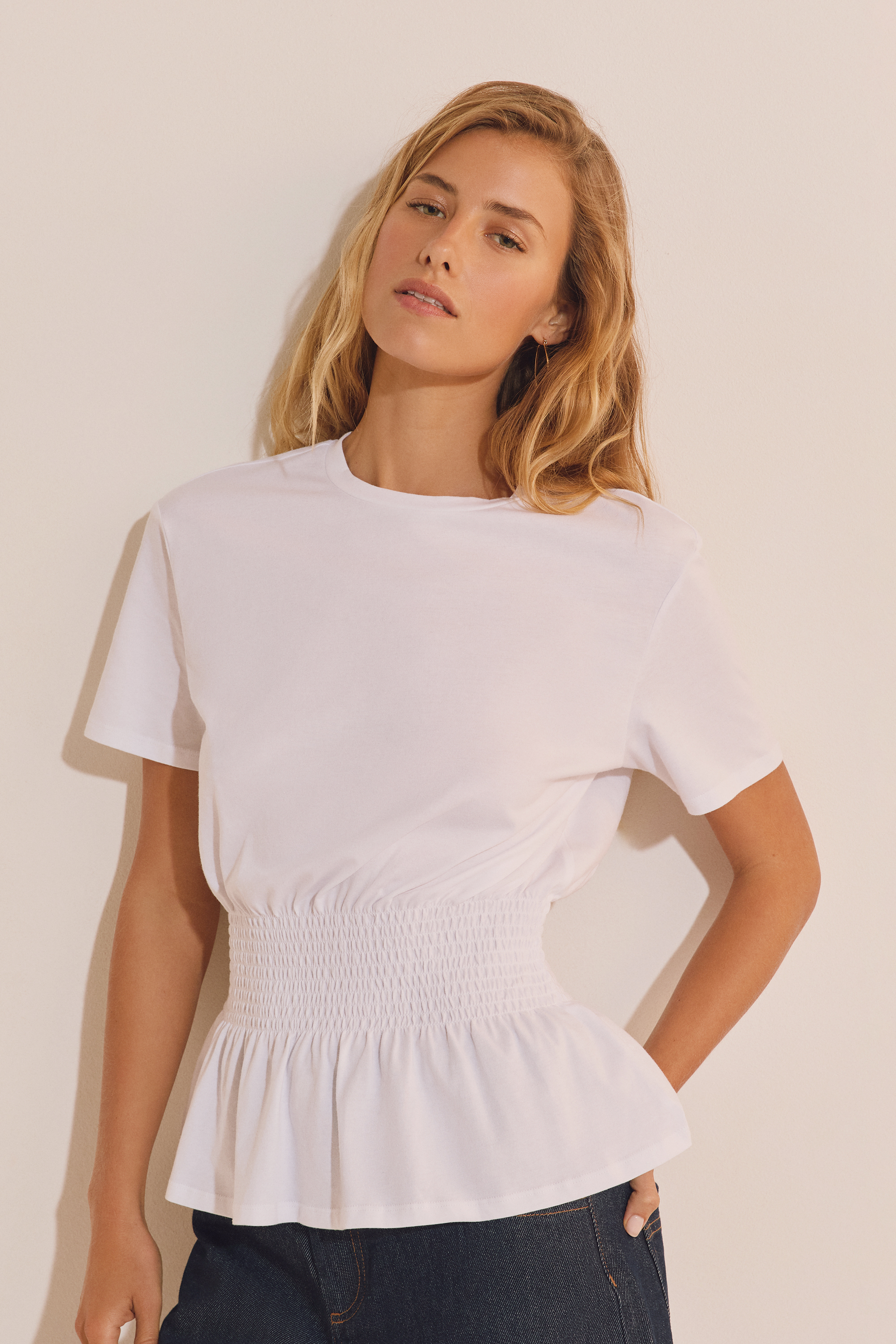 Short-sleeved smocked waist t-shirt - TONKA TS - BLANC - ETAM